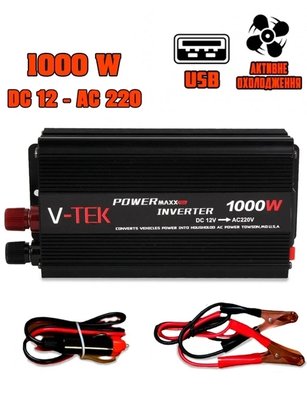 Перетворювач напруги автомобільний V-TEK PowerMaxx-SSK1000W, інвертор 12/220В, USB, охолодження Чорний VTEK100 фото
